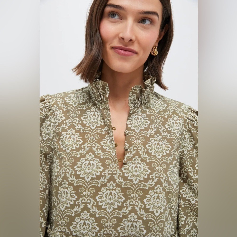 Hyacinth House Olive Damask Tiered Mini Dress Ruffle Neck XS Green Long Sleeve